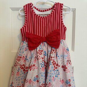 (Size 6Y) Cheeky Plum Elara Knit Multi-Color Bow, Stripe, and Flower Dress